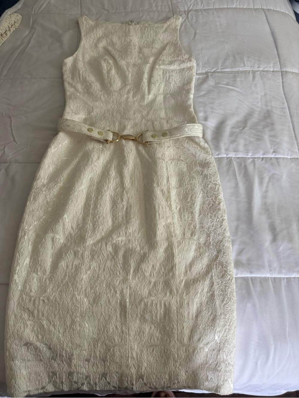 Luxe Cream Lace Midi Dress with Gold Buckle Belt
